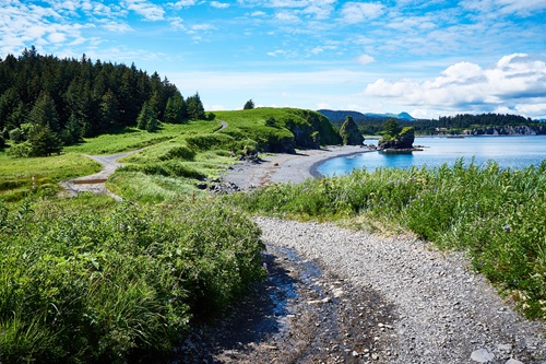 A gravel path winds along next to water's edge 