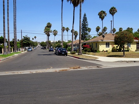 Carson CA Wall St  Looking down Wall Street residential neighborhood in Carson, palm trees line the street and surrounding homes