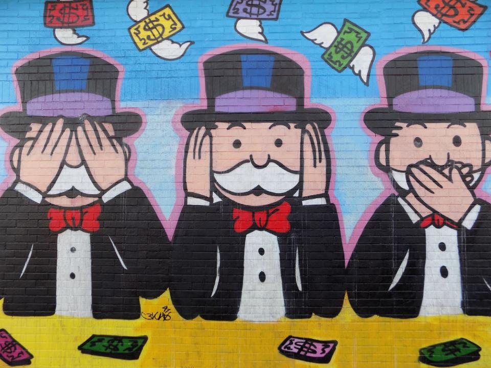 Mr. Monopoly sees no evil, hears no evil, speaks no evil Mr. Monopoly sees no evil, hears no evil, speaks no evil