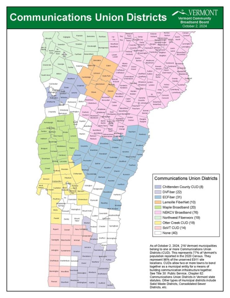 CUD Map Oct 2024 A map that shows Vermont broken into nine different colored regions showing each of the state's nine CUDs