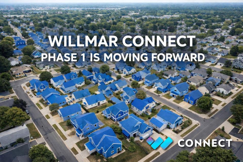 Aerial view of residential neighborhood in Wilmar with rooftops shown in blue. Overlayed are the words "Wilmar Connect Phase 1 is moving forward"